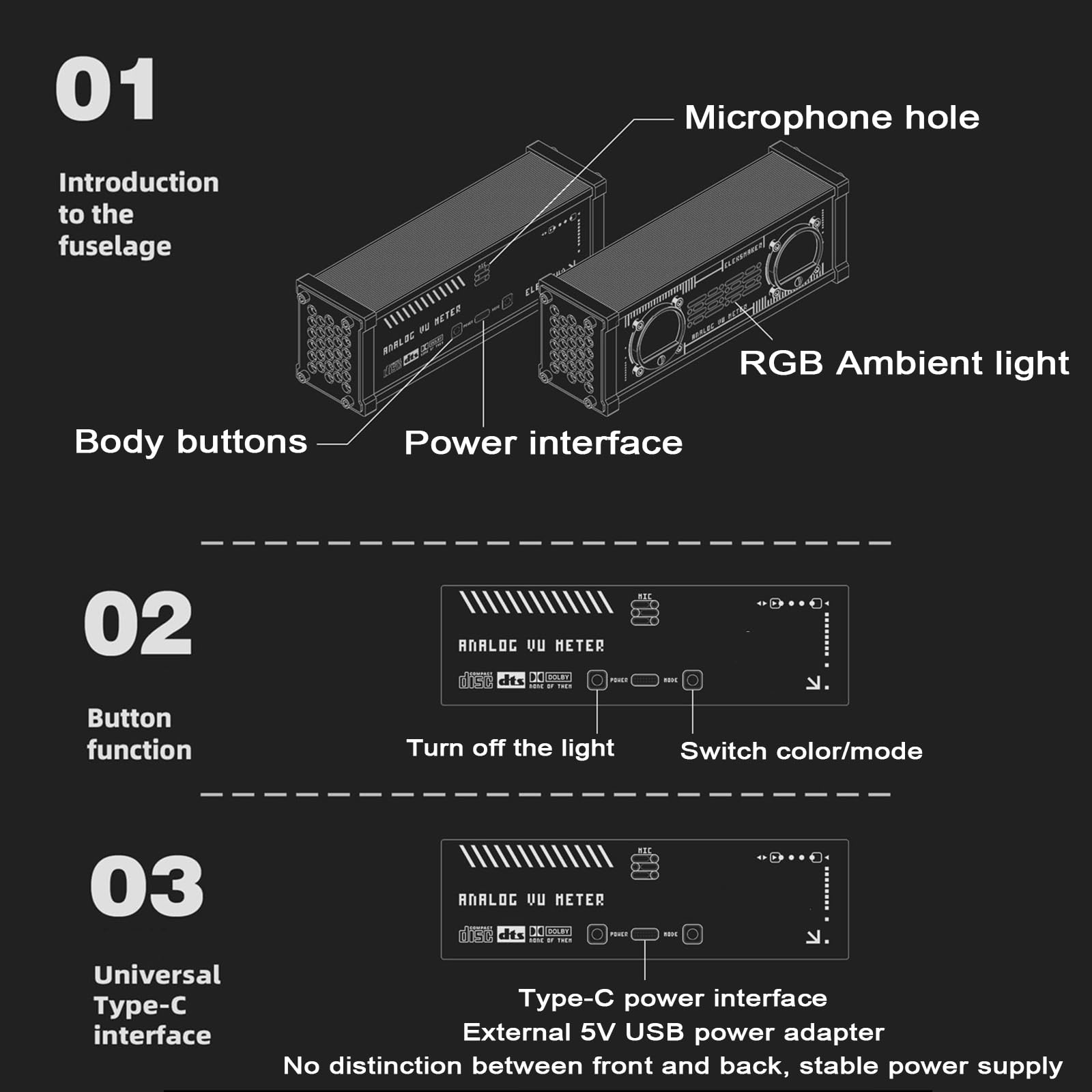 Doppio VU Meter Analogico, con Retroilluminazione RGB, Luce Ambientale per La Rilevazione del Suono, Indicatore di Livello Audio Tramite Microfono Stereo, 9 Colori/4 modalità Selezionabili