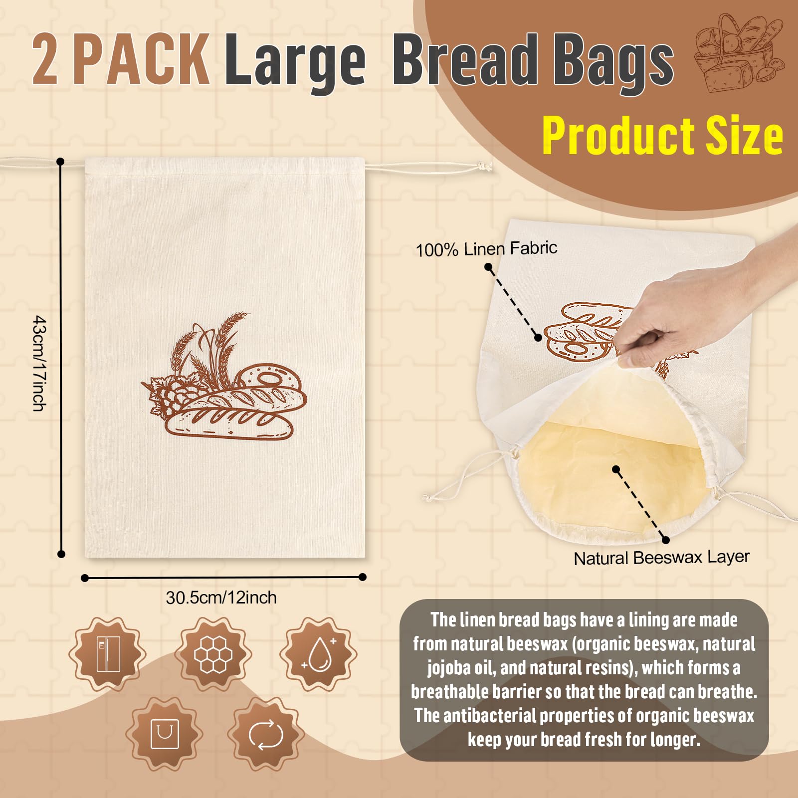 2 Pièces Sacs à Pain en Lin avec Doublure en Tissu en Cire d'abeille Sac a Pain Réutilisables pour Conservation Fraîcheur Alimentaire Rangement pour Pain Baguette Fruits Légumes-43 * 32,5cm(Cordon)