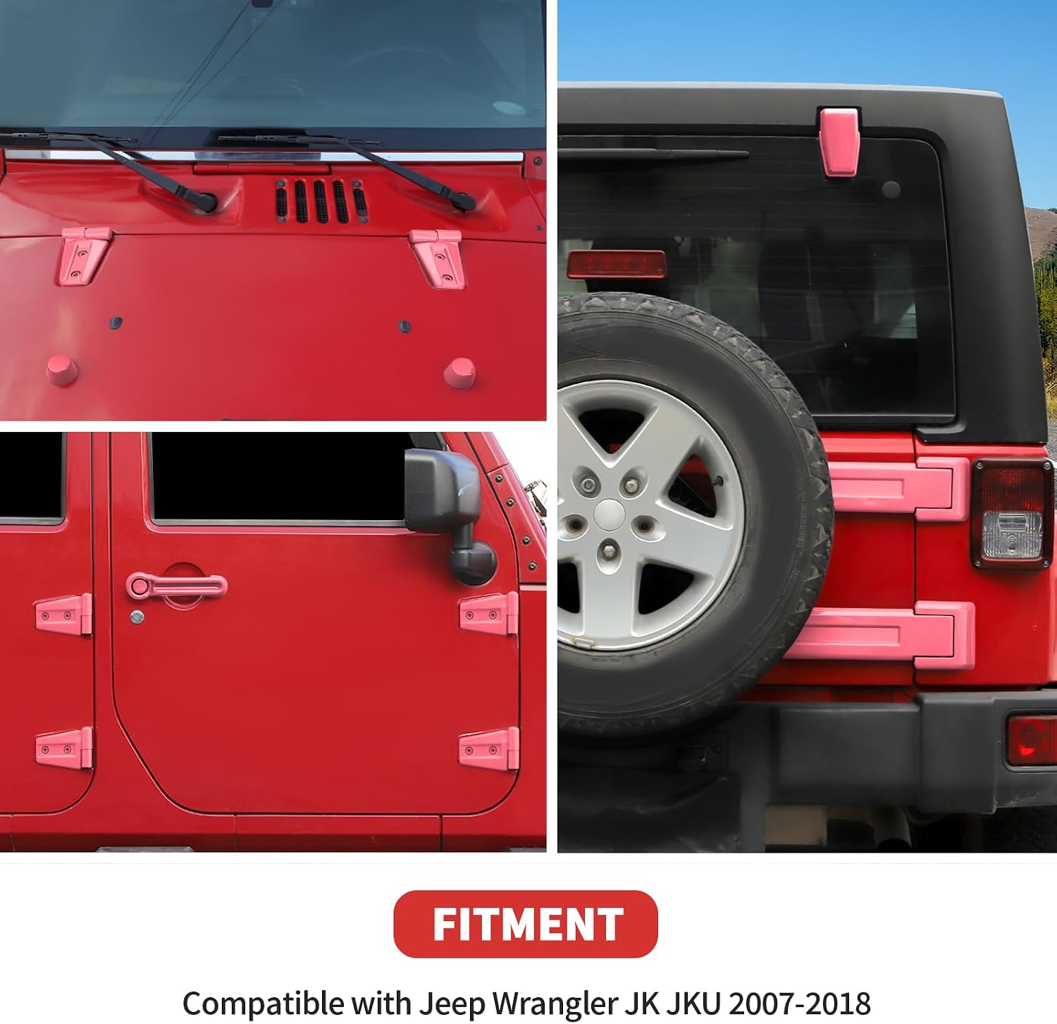 21PCS Full Set Exterior Trim Kit Fit for 2007-2017 Jeep Wrangler JK JKU 2/4 Door, Exterior Door Handle Door Hinge Tailgate Window Engine Hood Rubber Hinge Cover (Pink)