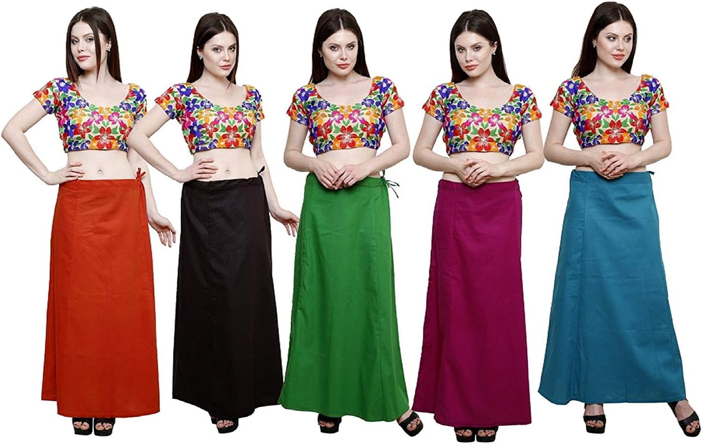 Stylo Women's Pure Poplin Cotton Saree Skirt Petticoat Bleeding (red, orange, brown, violet, gold, XX-Large) Set of 5