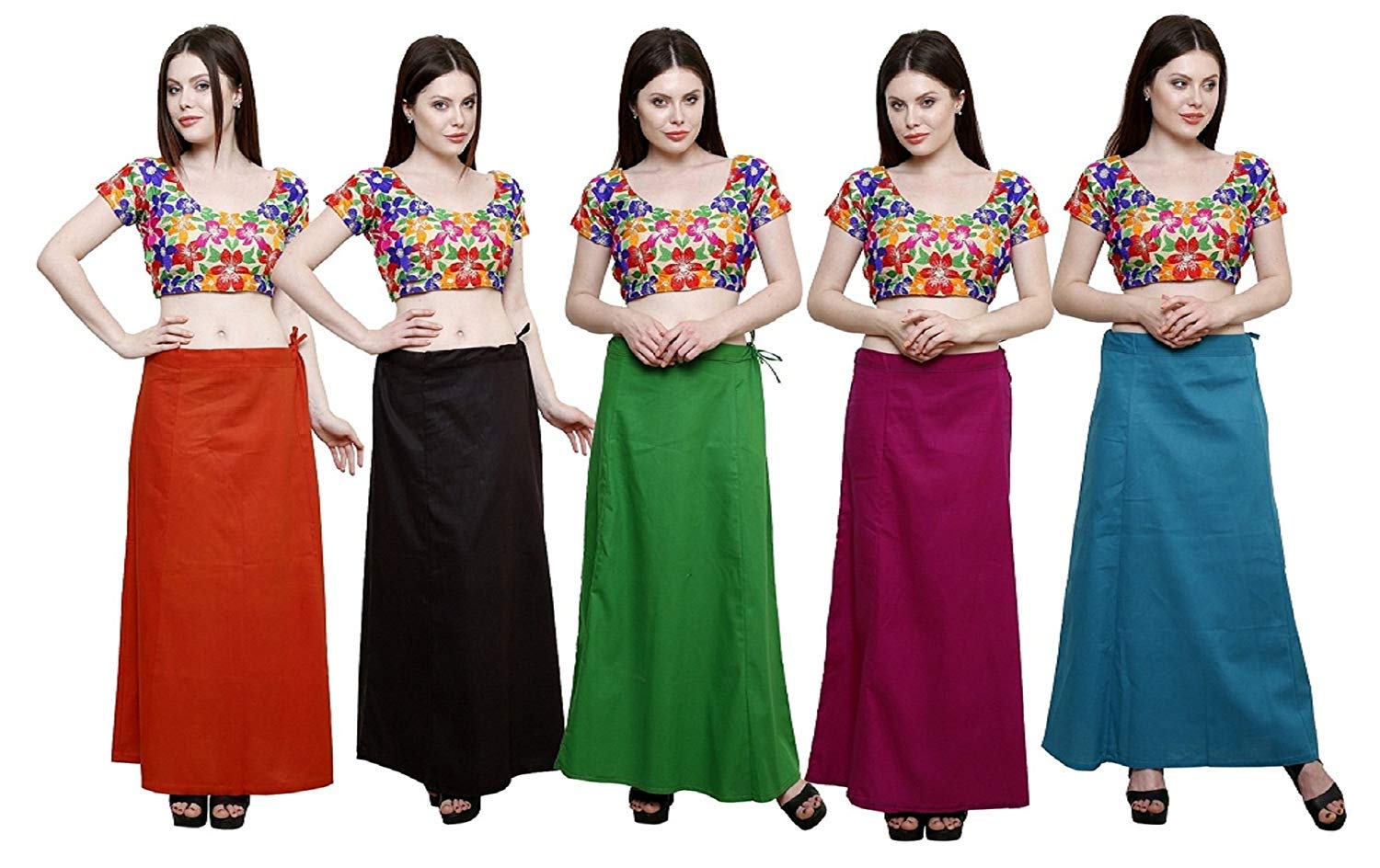 Stylo Women's Pure Poplin Cotton Saree Skirt Petticoat Bleeding (red, orange, brown, violet, gold, XX-Large) Set of 5