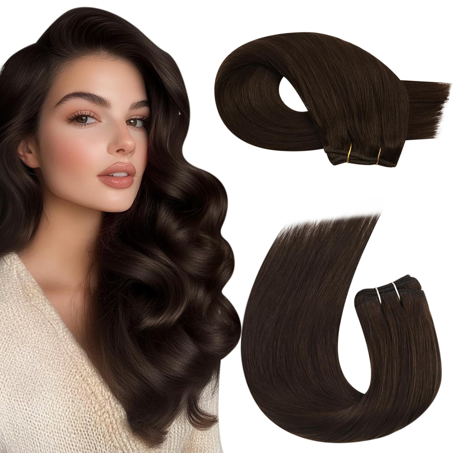 Moresoo Sew in Hair Extensions Real Human Hair Medium Brown Weft Hair Extensions Brown Double Hair Wefts Human Hair Sew in Extensions 100G 18Inch