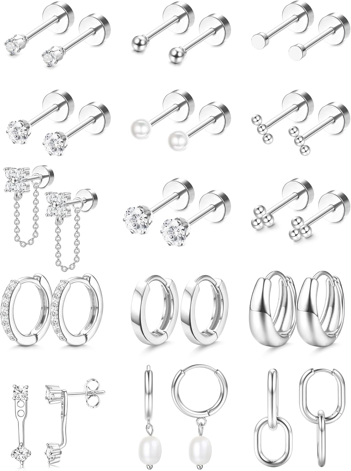 LOLIAS Flat Back Earrings for Women Hypoallergenic Surgical Steel Earrings for Sensitive Ears-20G Cartilage Earring Stacks 14K Gold Plated Hoops Flatback Stud Earring Sets for Multiple Piercing