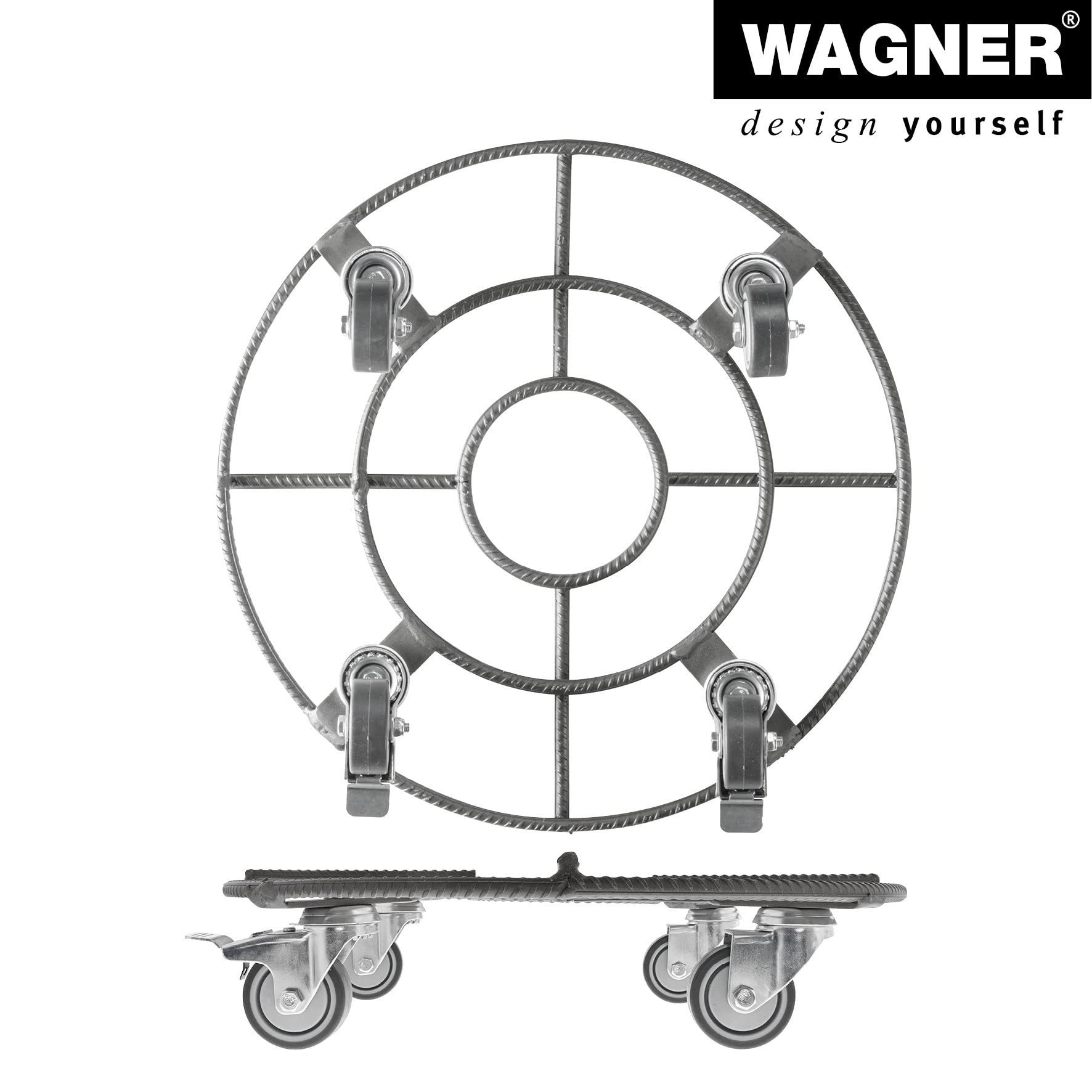 WAGNER Pflanzenroller BAUSTAHL Retro Ø 38 x 9 cm I Pflanzenroller, Soft-Rollen mit Bremsen I für Innen - & Außenbereich I Blumenroller aus Baustahl I Tragkraft 200 kg - 20094701