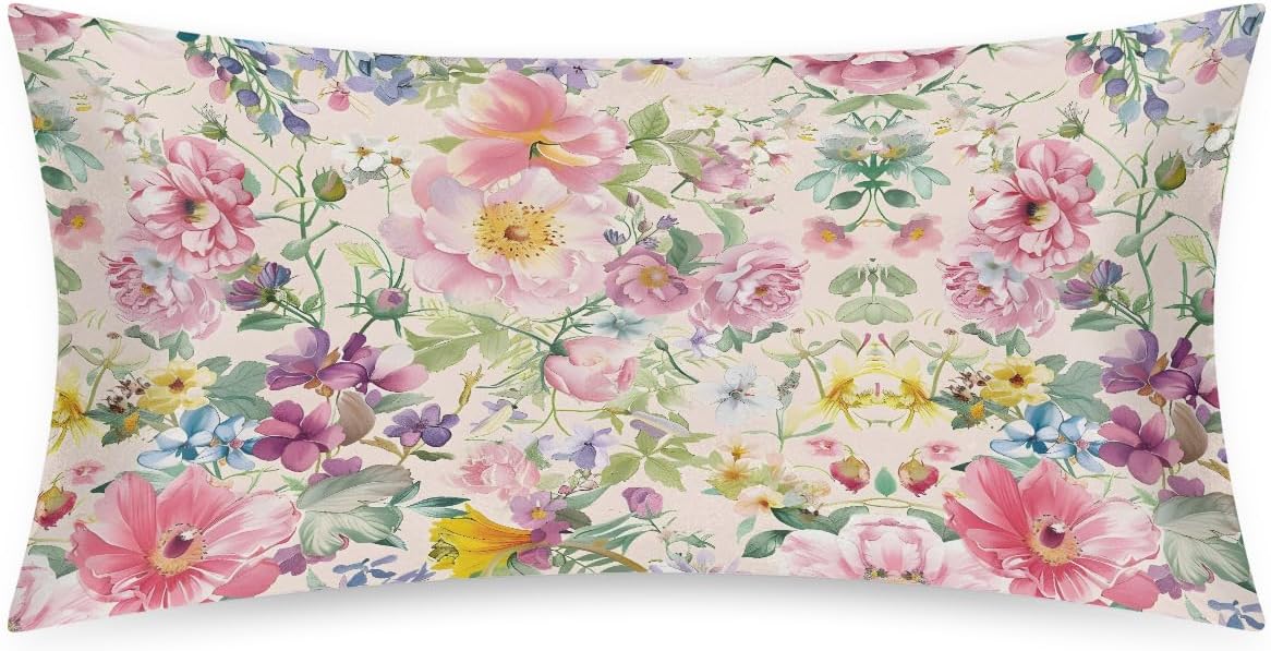 Flowers Pink Floral Satin Pillowcases for Hair and Skin Soft Queen Satin Pillow Case -Standard Size 20 X 40 Inches Wrinkle-Free Printed Silky Pillow Cover with Envelope Closure Decor Pillowcase