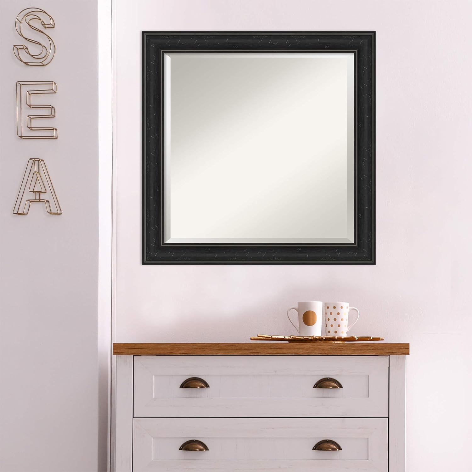Amanti Art Black Bathroom Mirror for Over Sink, 24x24 Shipwreck Black Narrow Square Vanity Mirror, Medium Country Rustic Frame, Hangs Horizonally and Vertically, Bathroom Wall Decor, Beveled Edge