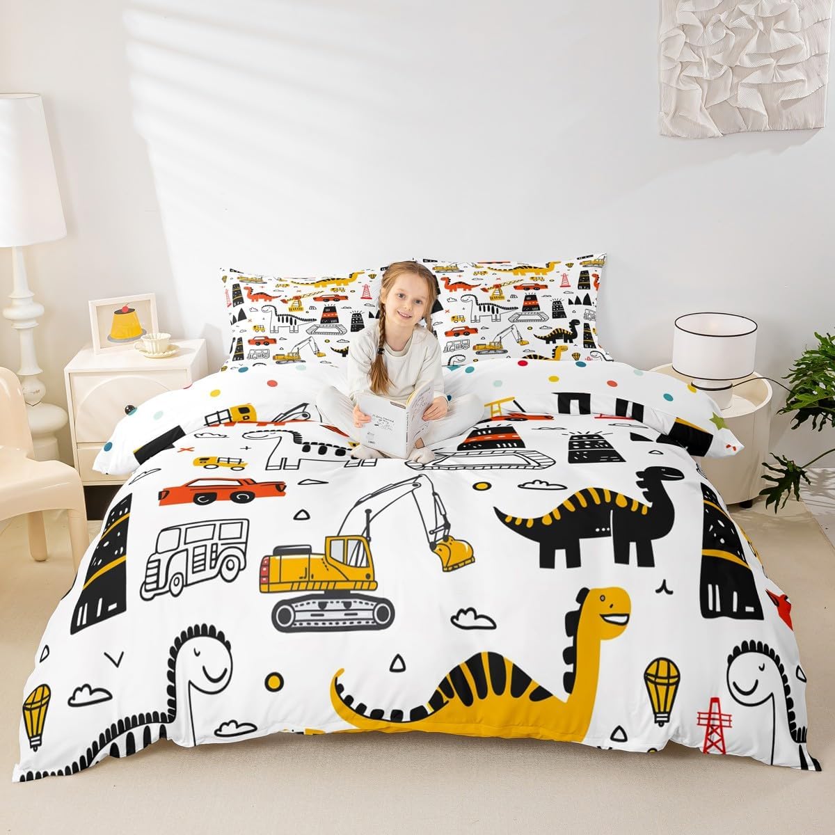 Cute Dinosaur Duvet Cover Set Double Size,Cartoon Excavator Cars Bedding Set for Kids Teens Bedroom Decor,Watercolor Traffic Graffiti Comforter Cover,White Yellow 2 Pcs Bedding Collection,No Filler