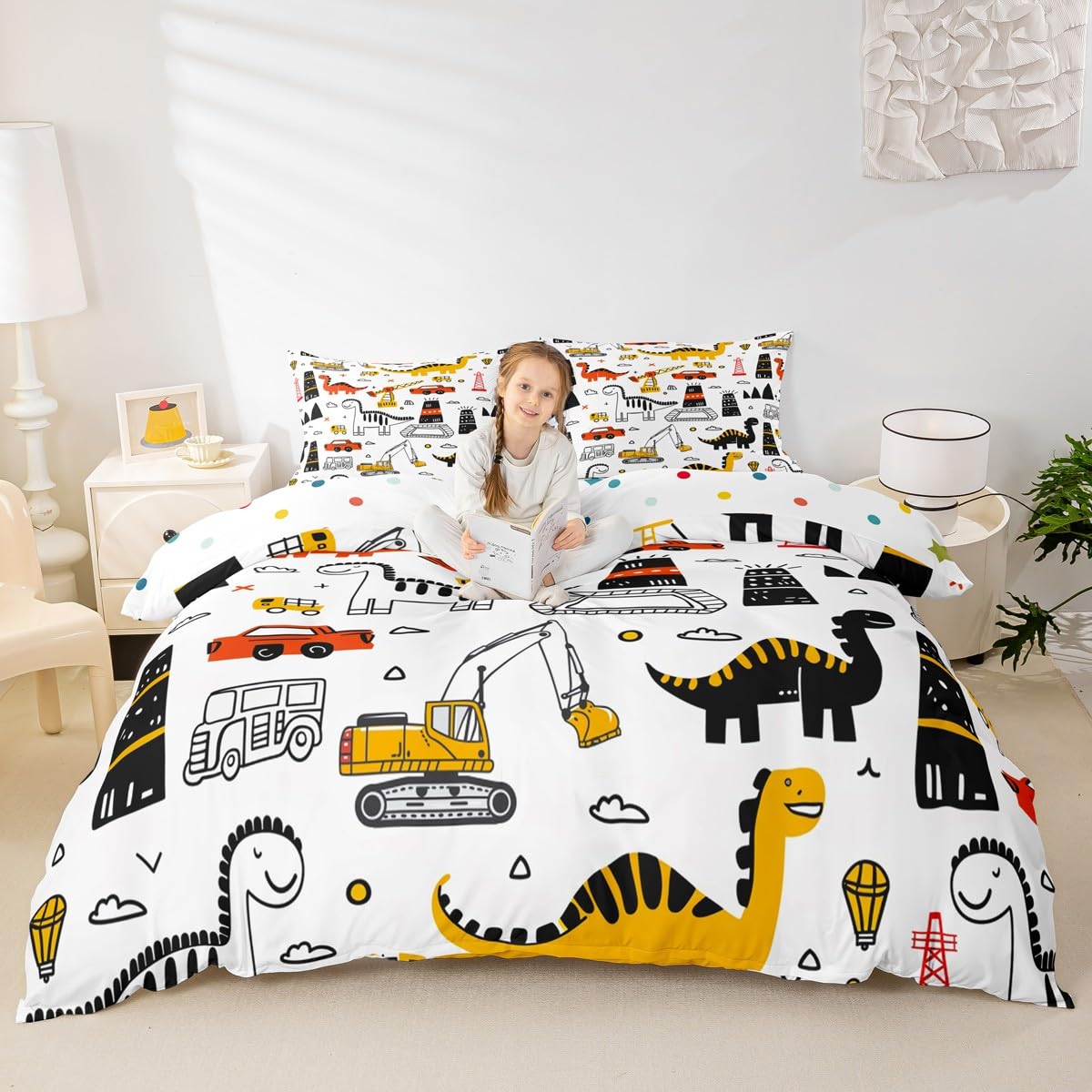 Cute Dinosaur Duvet Cover Set Double Size,Cartoon Excavator Cars Bedding Set for Kids Teens Bedroom Decor,Watercolor Traffic Graffiti Comforter Cover,White Yellow 2 Pcs Bedding Collection,No Filler
