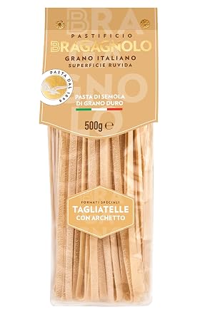 Pastificio Bragagnolo، Tagliatelle con Archetto 889 معكرونة إيطالية مرسومة بالبرونز، 100%، مصنوعة من دقيق سميد القمح القاسي، غير معدلة وراثيًا 1 رطل. الحقيبة - دائما آل دينتي.