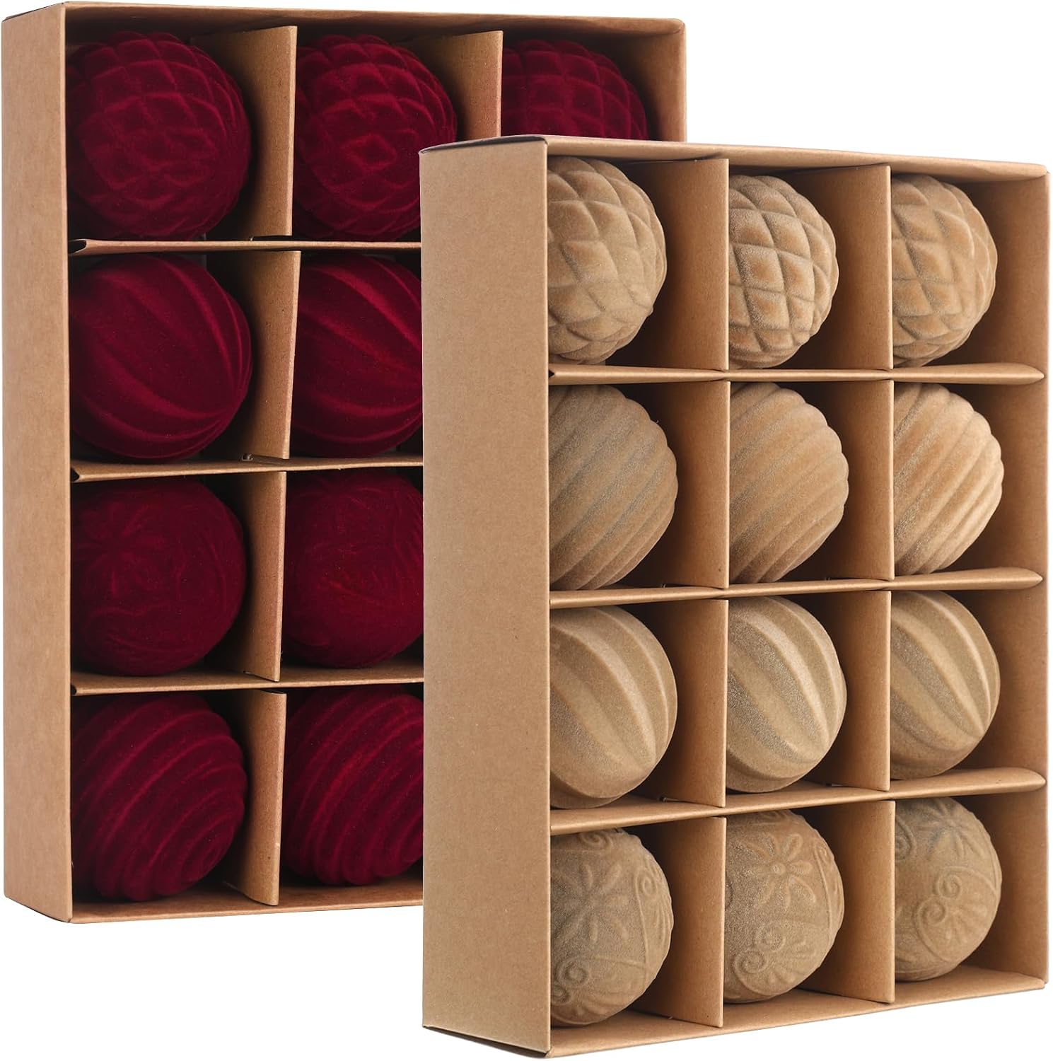 Vinsot 24 Pcs Khaki and Burgundy Velvet Christmas Ornaments Balls 2.36 Inch Flocked Christmas Tree Ball Hanging Ornaments Velvet Xmas Baubles for Xmas Party Wedding Home Decor