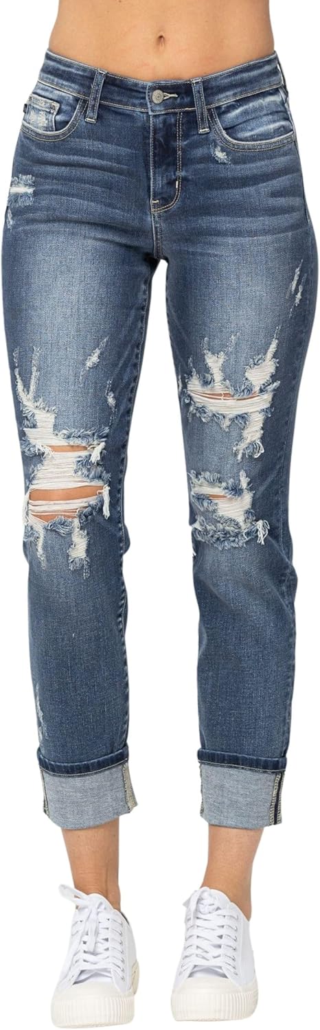Judy Blue Women's Mid-Rise Cuffed Destroy Boyfriend Jeans
