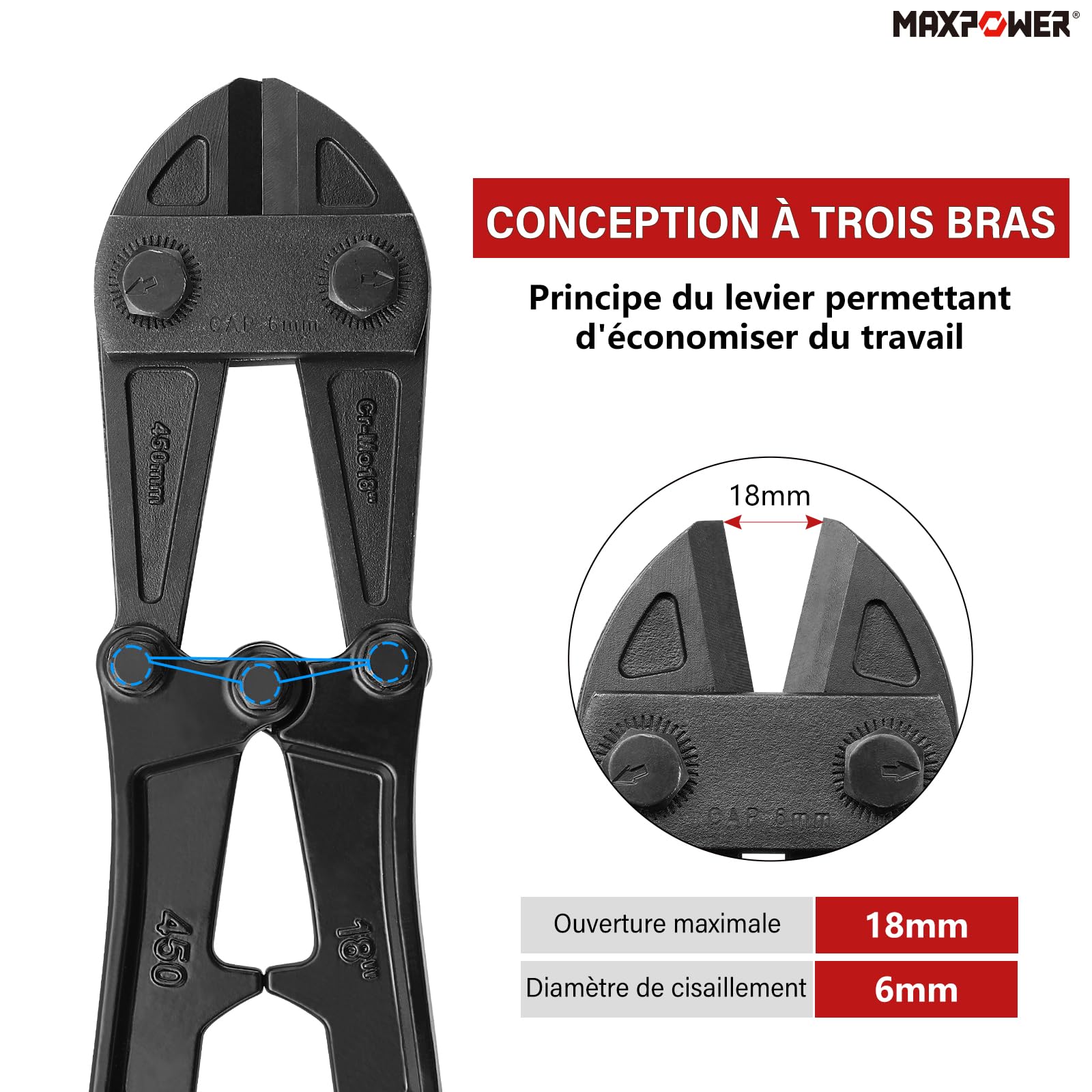 MAXPOWER Coupe-boulons 450mm Capacité de Coupe 6mm- Coupe Boulon une ouverture maximale de 18 mm pour Chaînes, Rivets et Plus Encore - 14 Pouces