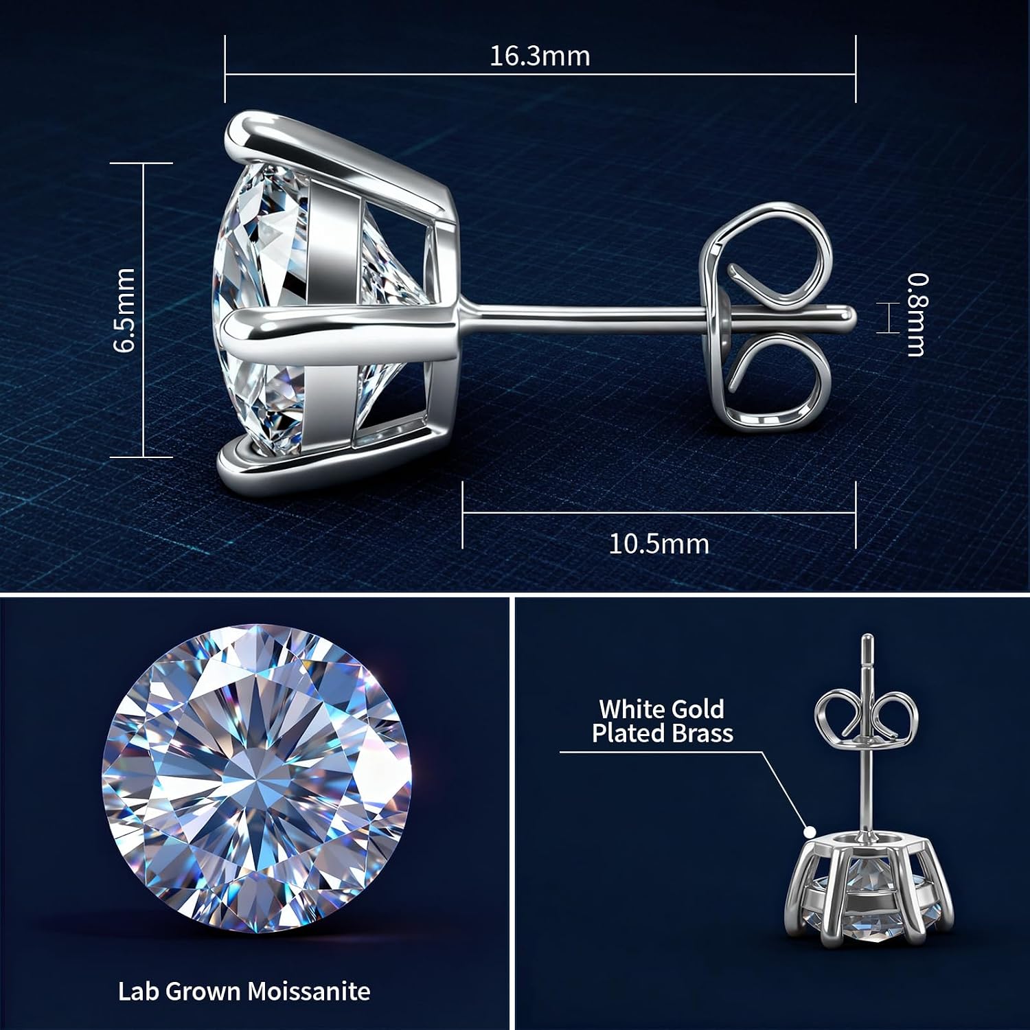 Moissanite Stud Earrings, Diamond Stud Earrings for Women 0.5-2CT 18K White Gold Plated Stud Earrings for Men, Hypoallergenic Lab Grown Moissanite Earrings Studs Wedding Jewelry Round Cut D Color VVS1