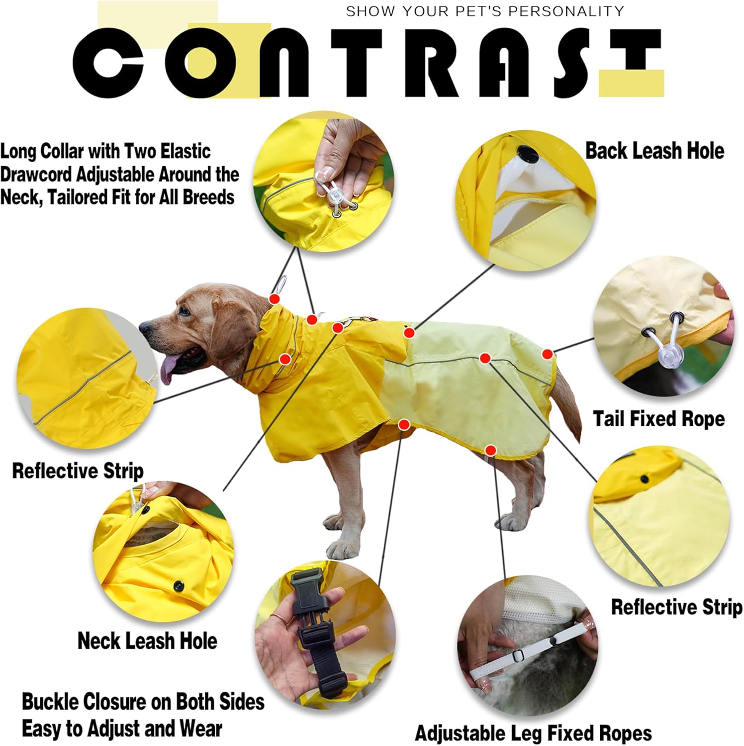 MAMORE Dog Raincoat, Waterproof Rain Jacket for Small Medium Large Dogs, Windproof Reflective Adjustable Breathable Pet Rain Coat with Storage Pocket and Leash Holes (Mineral Yellow, Large)