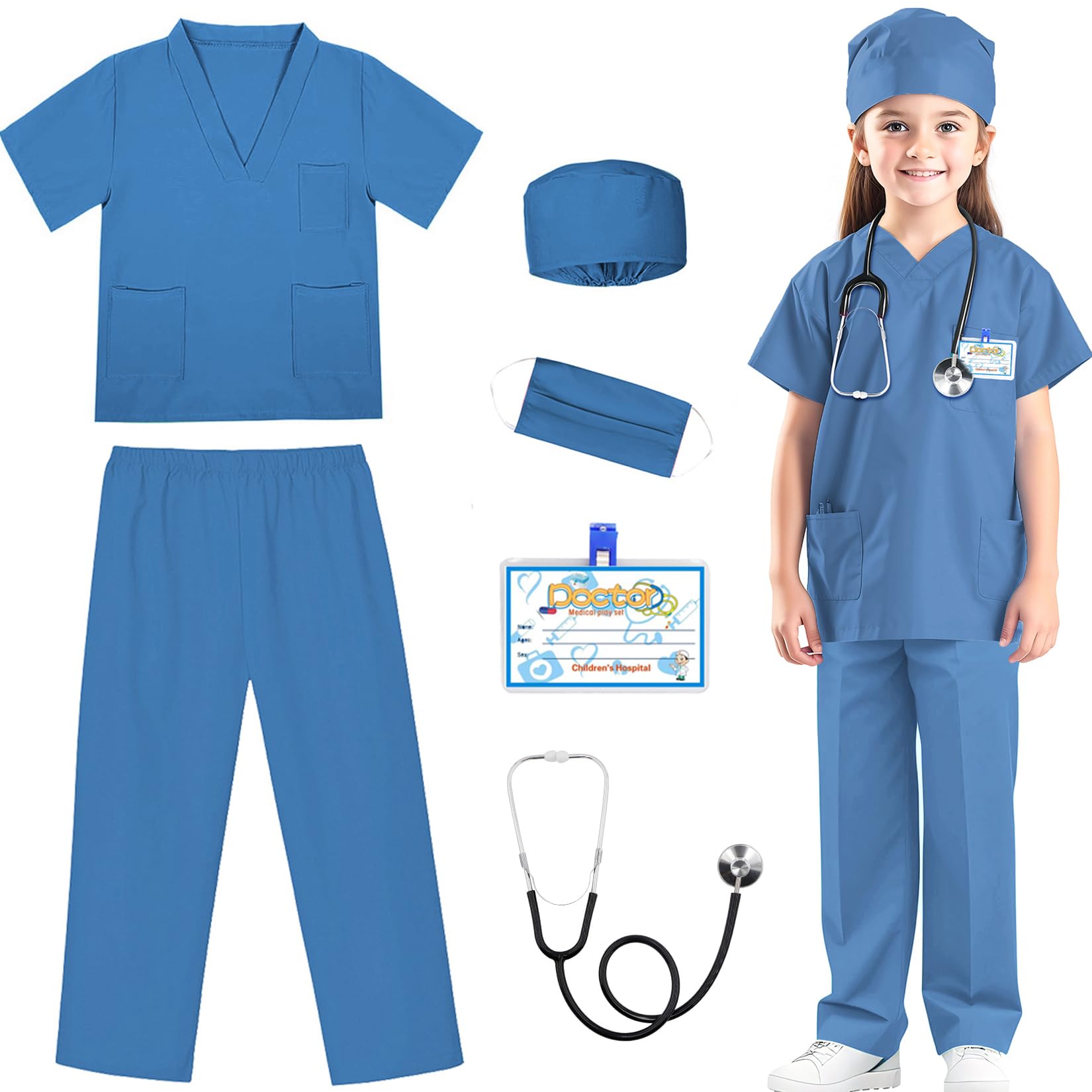 RioRand Doctor Costume for Kids,Toddler Nurse Scrubs with Accessories Christmas Dress Up Cosplay For Boys Girls 3-11 Years