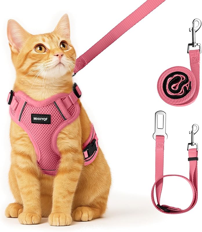 Peitoral Ajustável para Gatos com Guia, Malha Respirável e Faixas Refletivas MHHYQF Rosa Tamanho S