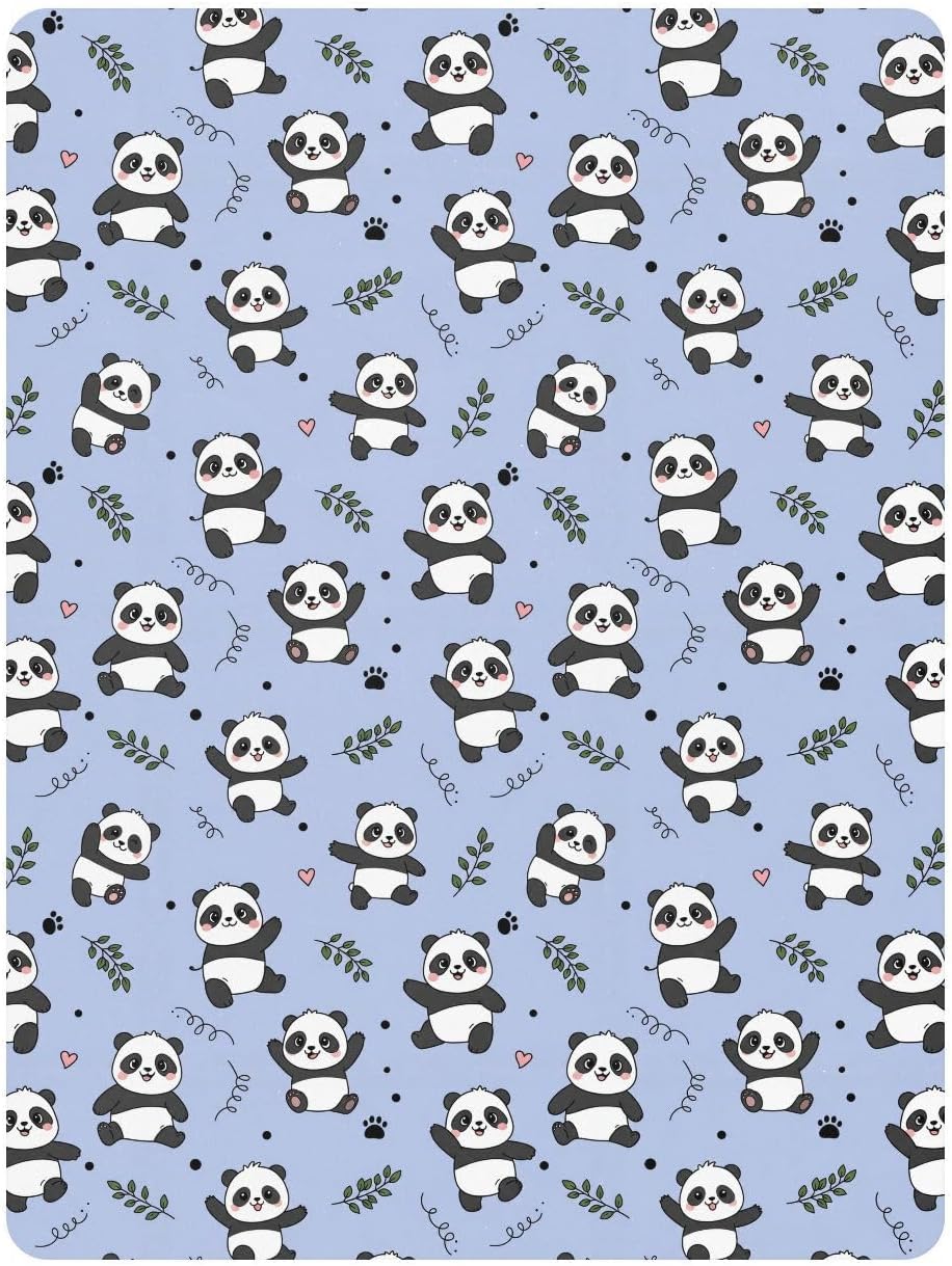 Cute Pandas Leaves Blue Pattern Baby Crib Sheets, Cotton Fitted Crib Sheet, Soft Breathable, Fits Standard Toddler Mattress 52x28 for Boys Girls Baby