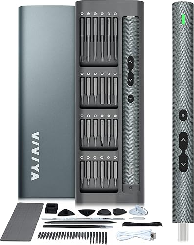 VIVIYA Destornillador eléctrico inalámbrico antideslizante 62 en 1, mini destornillador eléctrico recargable de precisión con 48 puntas de acero S2,