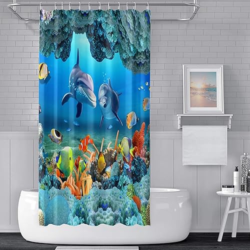 Miniatura 2 de Yeele Cortina de ducha azul para baño, diseño de animales marinos, impermeable, de poliéster, con ganchos, 48 x 72 pulgadas