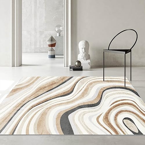 Miniatura 6 de Alfombra artística abstracta de 5 x 7 pies, crema y marrón, para dormitorio, sala, apartamento, lavable a máquina, antideslizante, suave, moderna, a
