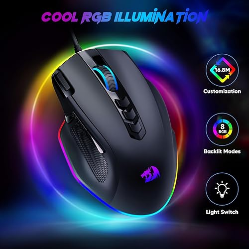 Miniatura 2 de Redragon Ratón para juegos con cable, mouse ergonómico retroiluminado RGB de hasta 8000 DPI, 11 botones programables y 7 modos retroiluminados