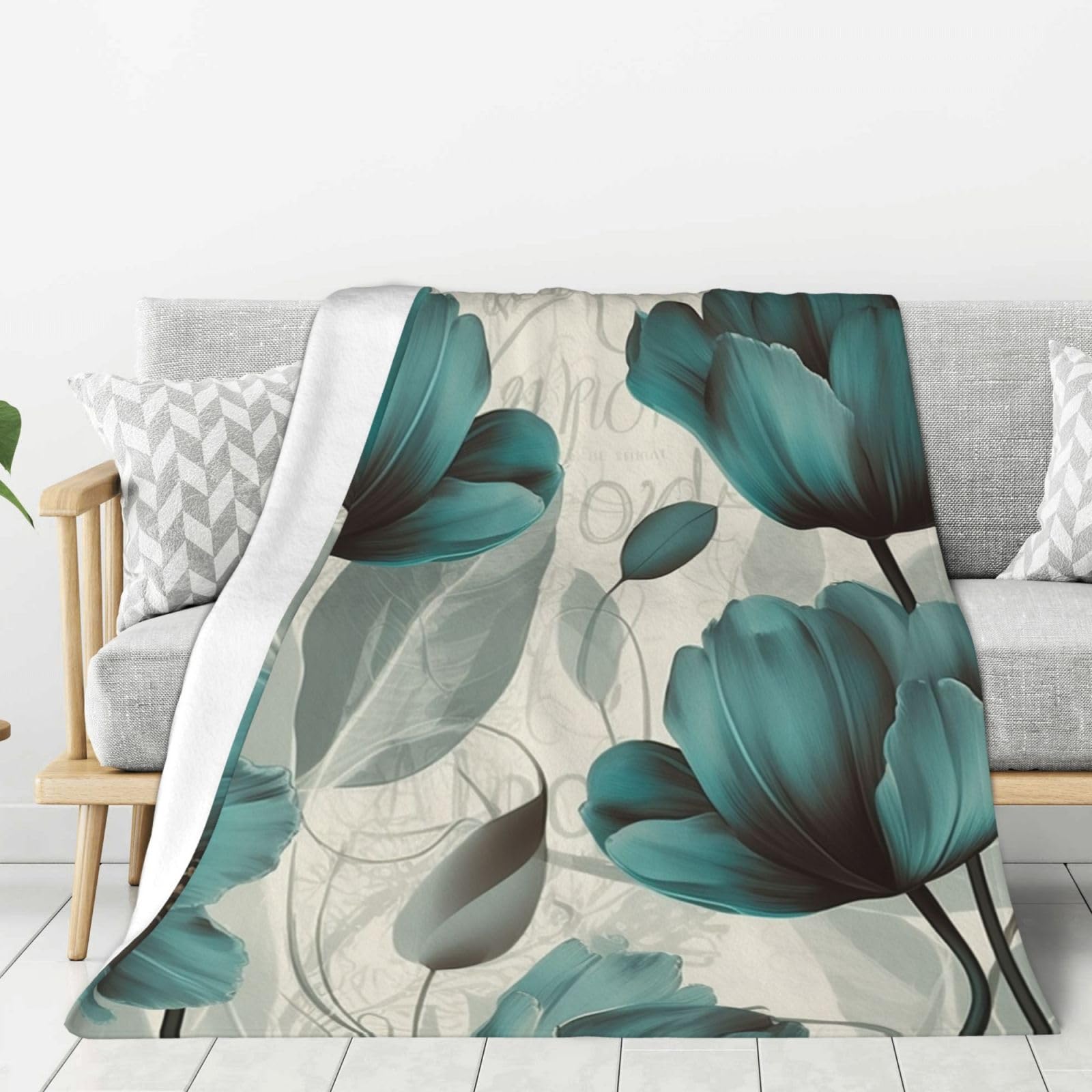 Couverture polaire flanelle légère motif tulipe, plaid lit et voyage bleu sarcelle