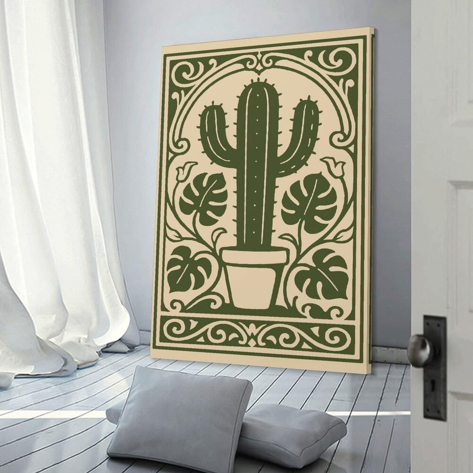 Junmoney Cactus And Monstera Art Nouveau Wall Decor Canvas Print, 20x30inch(50x75cm), for Living Room, Bedroom Or Home Office, Home Decor Gift with Stylish Appeal