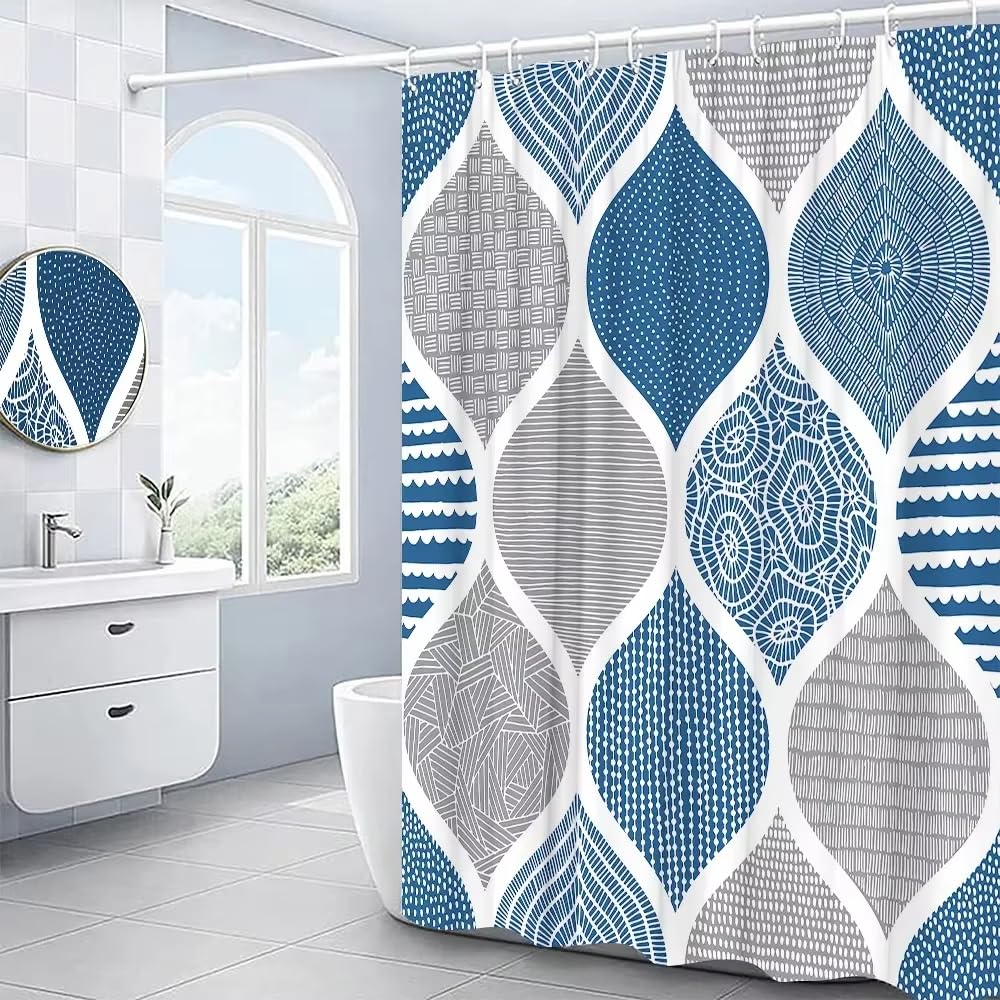 KELAIMI Bohemian Geometric Shower Curtain,Ethnic Bathroom Curtains,Modern Waterproof Machine Washable Bathtub Curtains with Hooks Blue 90X180Cm
