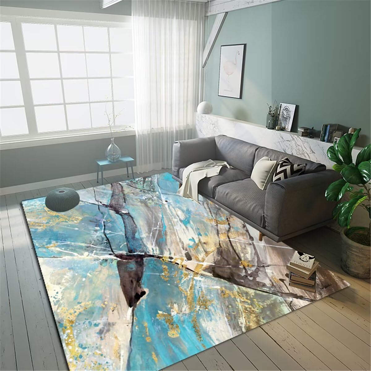 Tapis de canapé lavable grand format 200X260CM motif bleu peint moderne