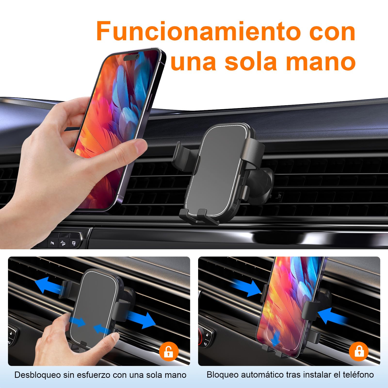GRIFEMA Soporte Móvil Coche para Rejilla de Ventilación con Cierre Automático, Rotación 360°, Uso con Una Mano, Compatible con Teléfonos de 4,7 a 7 Pulgadas con Funda​​ — view 2