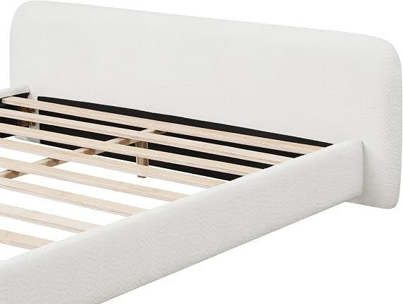 SOFTSEA King Size Boucle Upholstered Bed, King Platform Bed Frame with Low Headboard, Soft Rounded Corners, No Box Spring Needed, Easy Assembly, White
