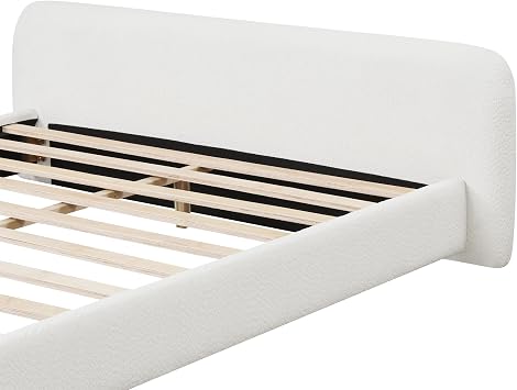 SOFTSEA King Size Boucle Upholstered Bed, King Platform Bed Frame with Low Headboard, Soft Rounded Corners, No Box Spring Needed, Easy Assembly, White