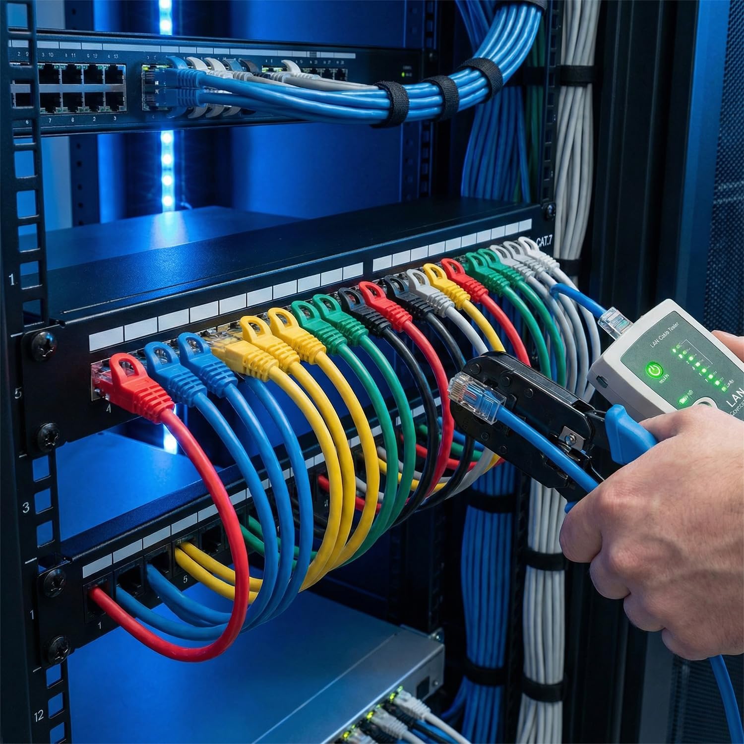 QWORK® Set di strumenti di rete – Pinza crimpatrice Pass Through RJ45 per Cat7, Cat6, Cat5, inclusi tester cavi LAN e accessori