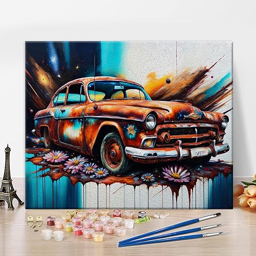 Pintura oxidada vintage marrón para automóvil por números o adultos, flores para principiantes, pintura al óleo sobre lienzo por números, kit de