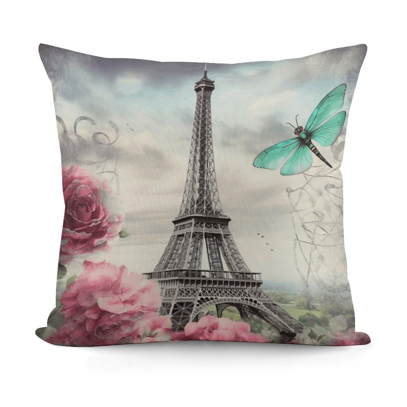 VstaDank Dragonfly French Tower Pillow Covers Soft Plush Decorative Square Pillow Cover Modern Breathable Pillowcases Pillowcase with Invisible Zipper 18x18 Inches for Sofa Living Room