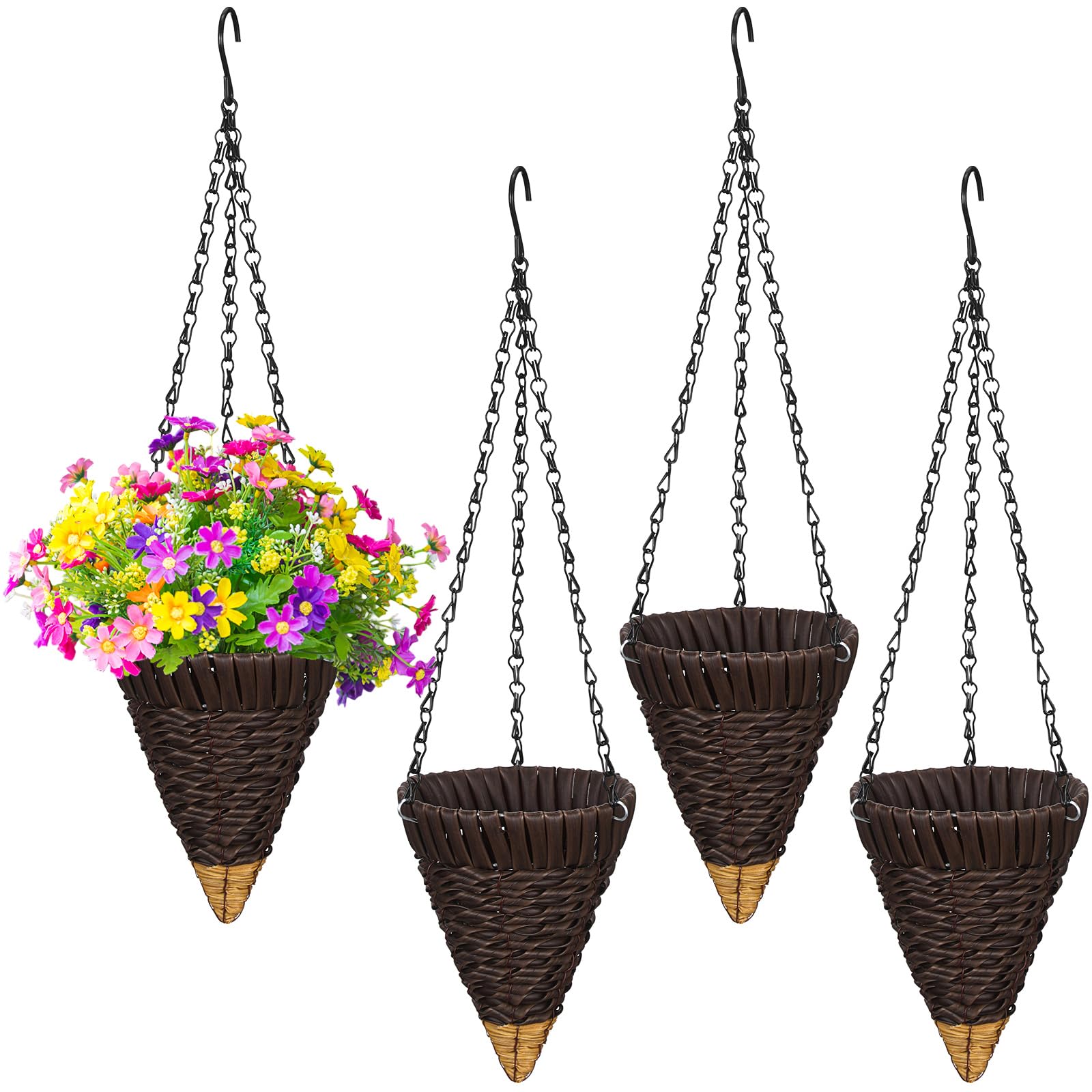 4 Pcs Hanging Plant Flower Basket for Outdoor Spring Decoration, 7.87 Inches Black Iron Chain Wicker Woven Conical Artificial Flower Hanging Basket, Plants Not Included (Coffee)