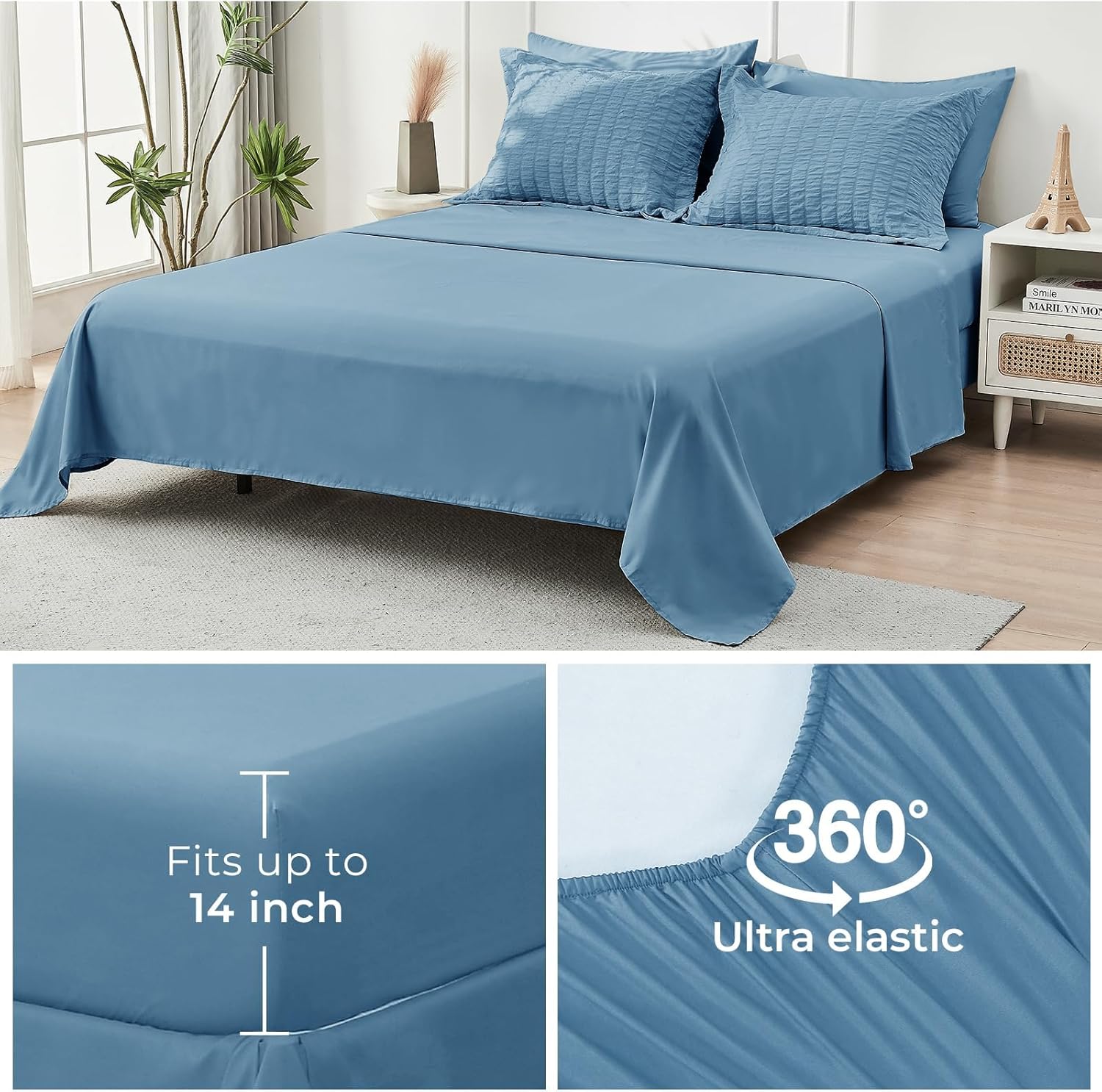 HYMOKEGE Mineral Blue Queen Comforter Set Seersucker 7 Pieces, All Season Luxury Bed in a Bag Queen for Bedroom, Bedding Set with Comforter, Sheets, Pillowcases & Shams