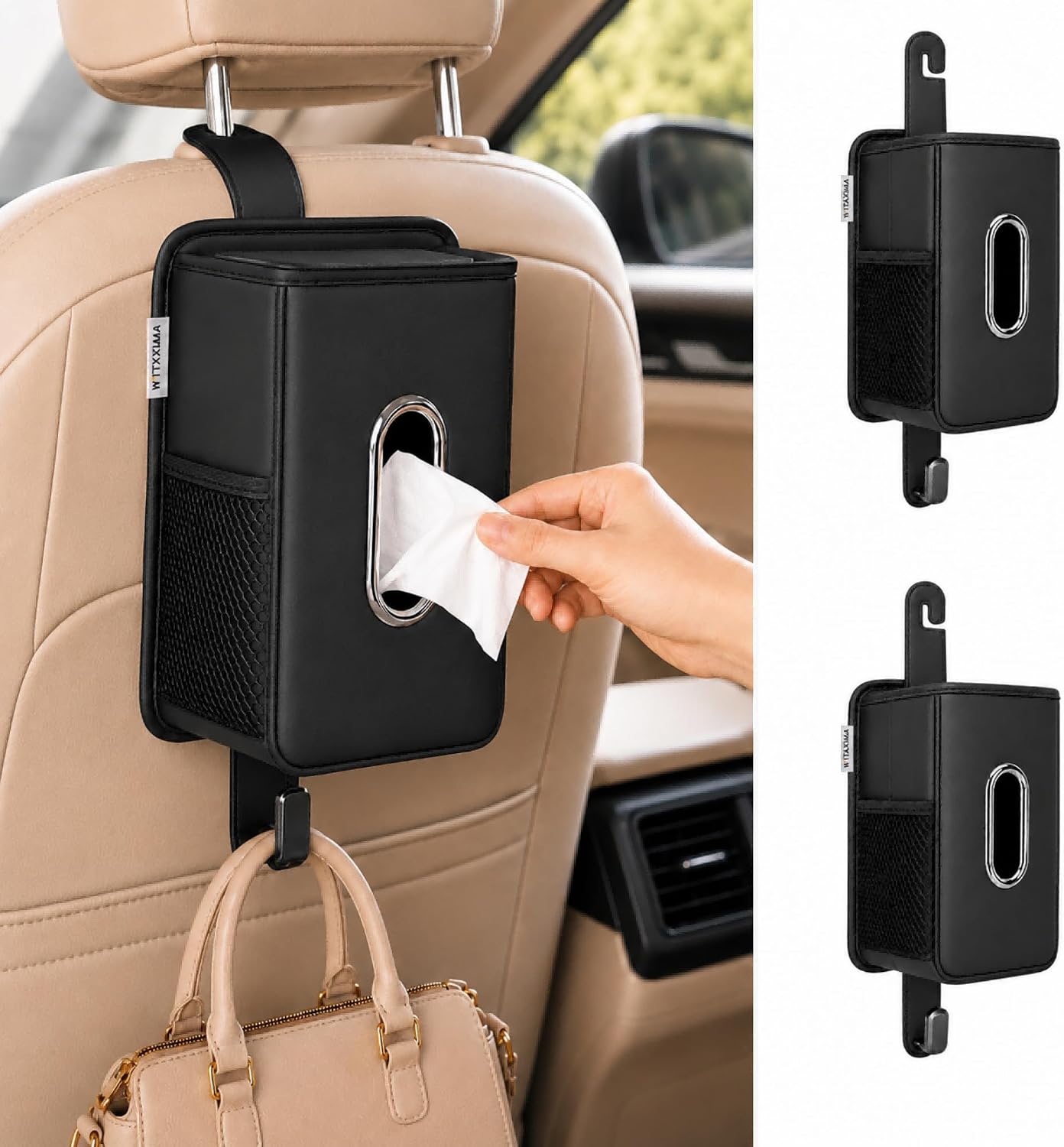 Witaxima Multifunction Leather Car Tissue Holder with Headrest Hook 2 Pack