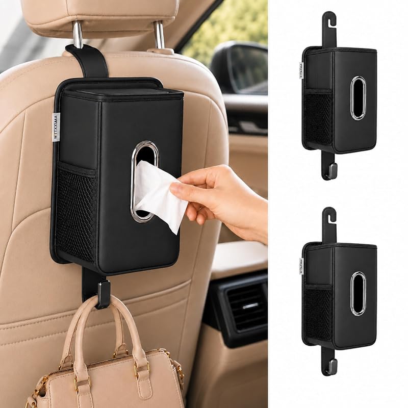 Organizador automotivo para encosto de banco Witaxima com porta-lenços, ganchos e compartimento para lixo em couro sintético preto, kit com 2