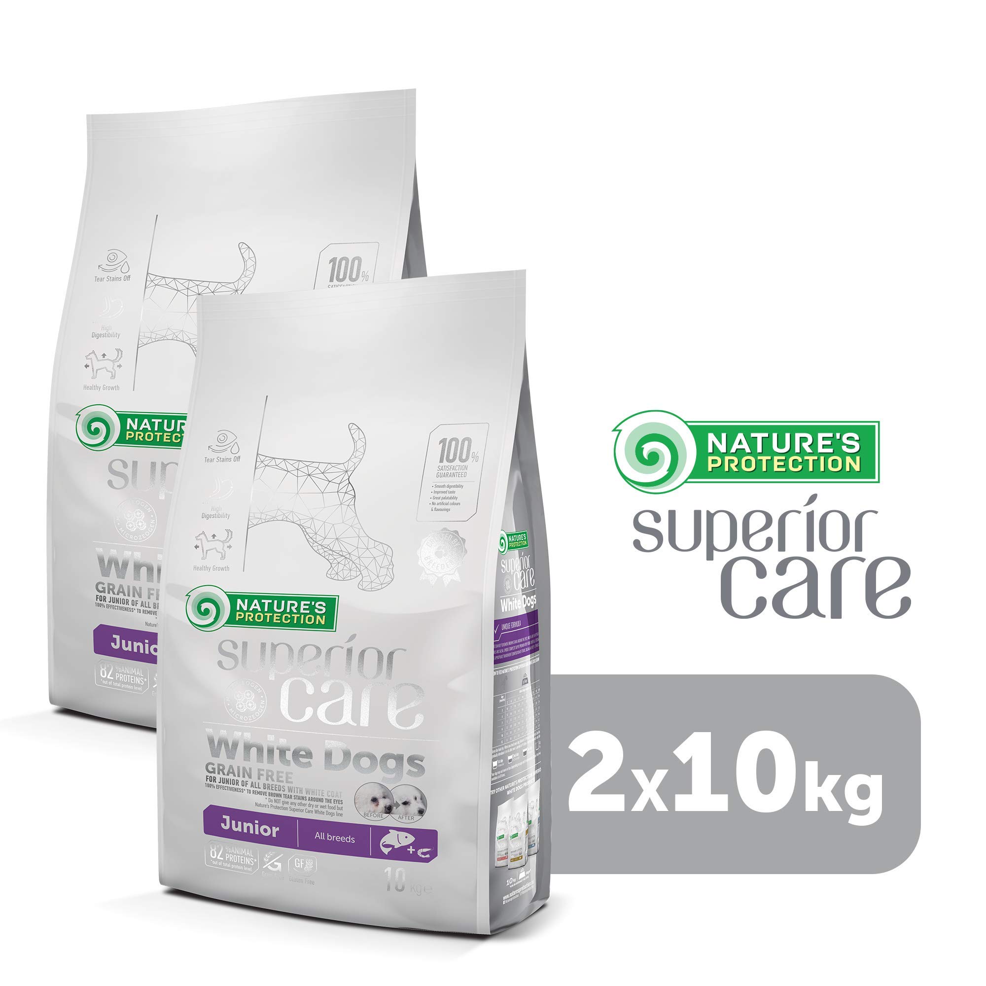 Nature's Protection Superior Care - Cibo secco per tutte le razze, per cani, colore chiaro (maltese, bichon frisé), con salmone, rimozione delle macchie lacrimali, senza cereali, 2 confezioni da 10 kg