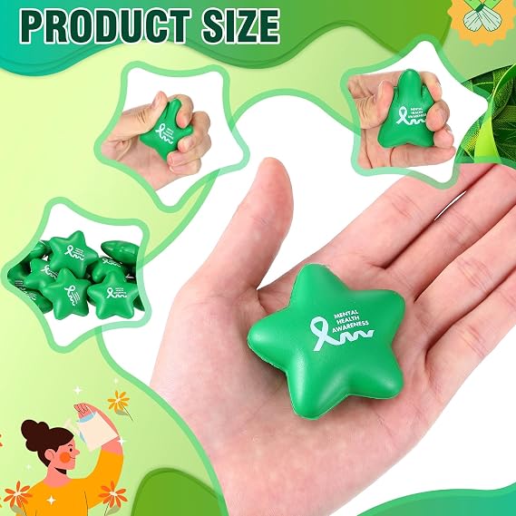 Arrowbash 100 Pcs Mental Health Awareness Items Mini Star Stress Ball Green Awareness Foam Toys for Adults Mental Health Gifts Anxiety Stress Relief Toys for Fundraiser Gifts Supporting Minds