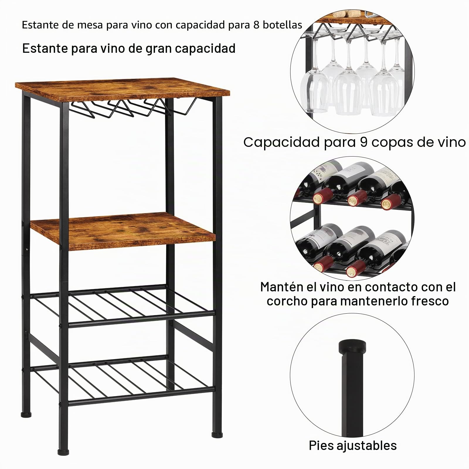 CADUKE Botellero Vino Escalonado Independiente, Mueble Bar con Tablero de Madera y Soporte para Copas y Estantes de Almacenamiento, Expositor Estantería para Cocina, Bar, Marrón Vintage 80x40x30cm