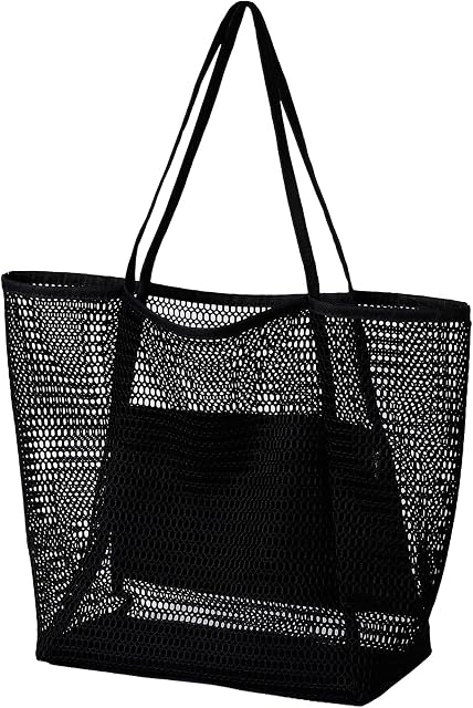 HAOYUNTE Summer Beach Bags Black Mesh Tote Bag Large Beach Bags for Women with Zipper Inner Pocket Casual Shoulder Bags for Travel Daily Pool Gym Picnic, Lightweight Shopping Bags