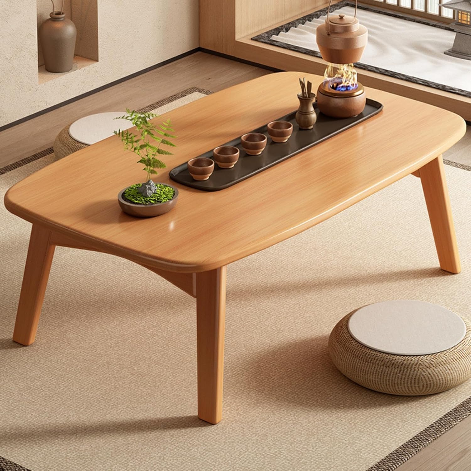 Low Table Small Folding Coffee Table, Japanese Style Stylish Round Corner Living Room Home Bamboo Chabudai, Simple Folding Table for Tatami, Compact for Small Spaces, No Assembly Required