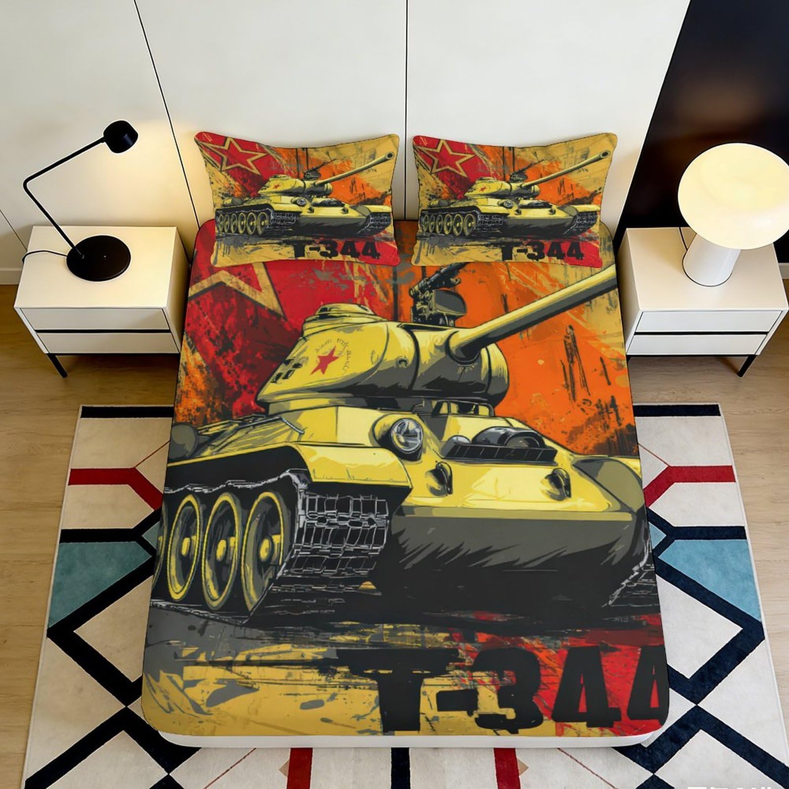 3D Printed Tank Design Fitted Sheet Microfiber Deep Pocket Non-Slip Bedroom Bedding Tank Mattress Fitted Cover Washable 160x200x25cm