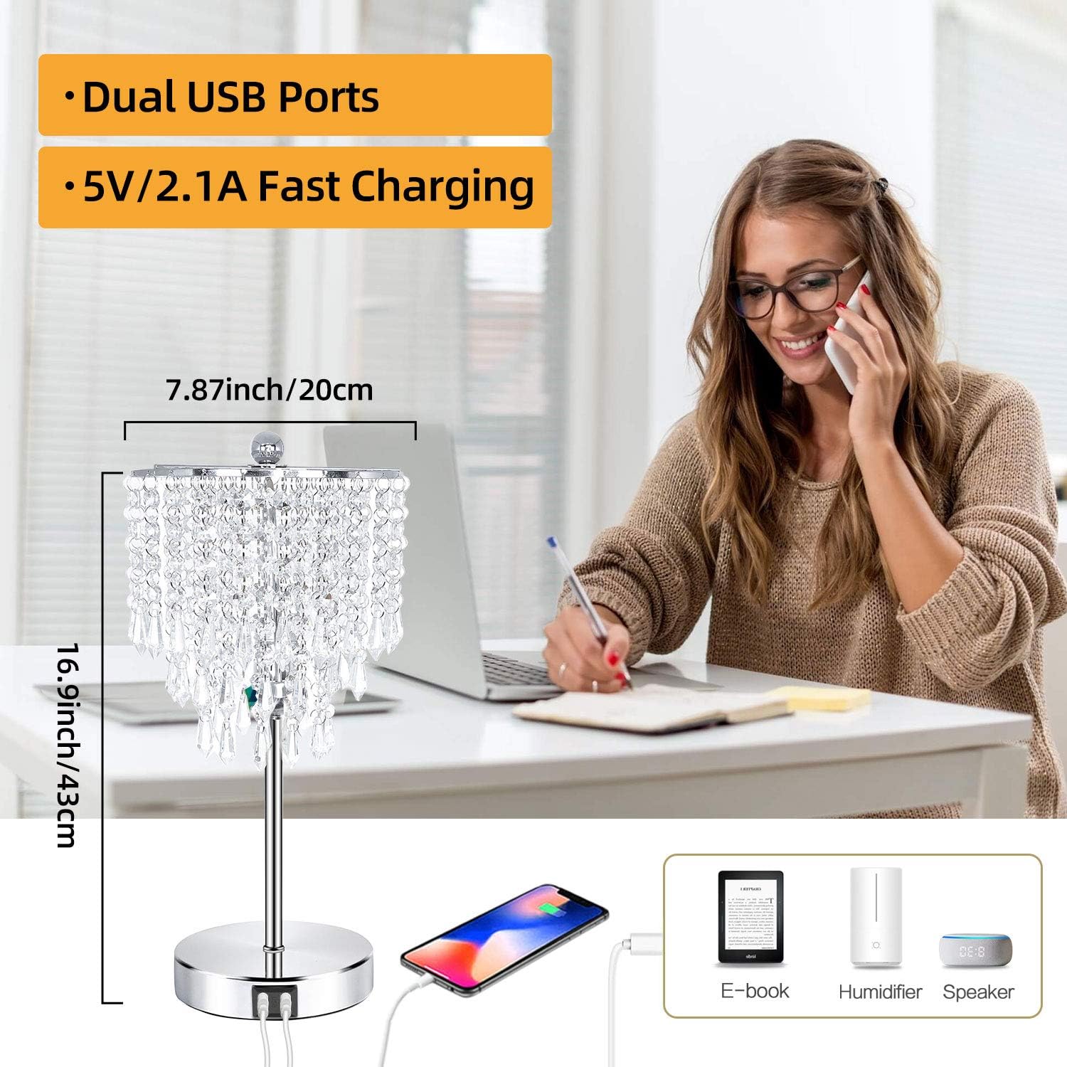 Touch Control Crystal Table Lamp with Fast Dual USB Charging Ports, 3-Way Dimmable Bedside Lamp, Nightstand Lamp for Living Room, Bedroom, Guest Room (E26 Edison Bulb Included)
