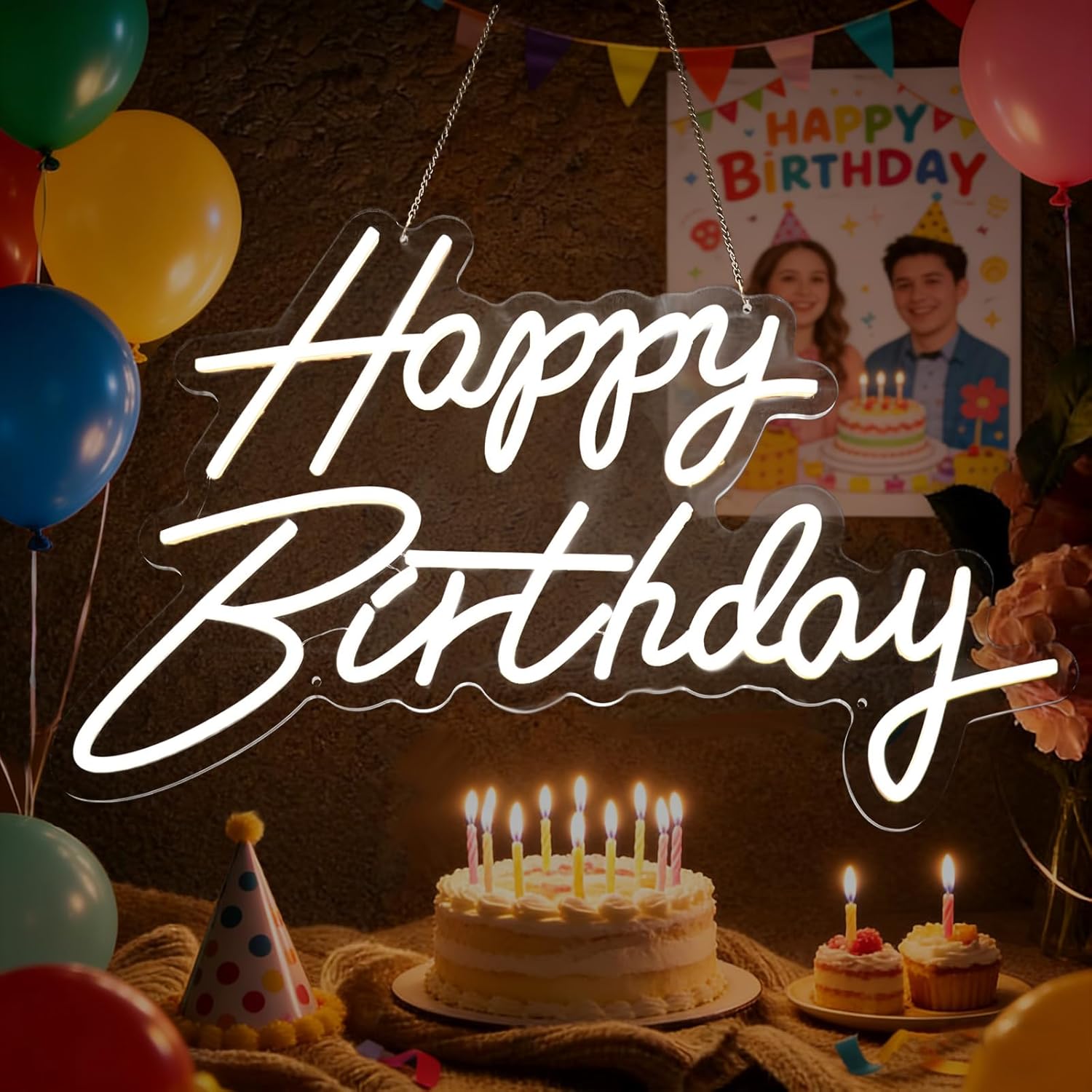 Happy Birthday Neon Sign, 5V USB LED Neon Light for Birthday Party Decor,Cool White Wall Hanging Sign for Bedroom Backdrop Photo Booth (19.6x11.8 Inch)