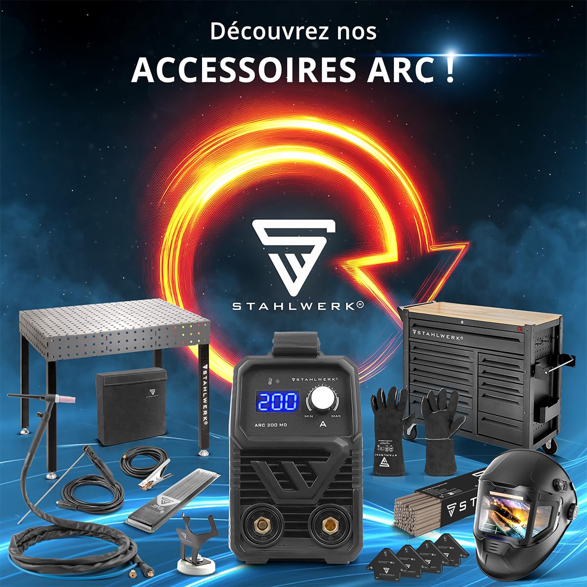 STAHLWERK Poste à souder à l'électrode ARC 160 MD – Kit complet – MMA jusqu'à 160 A, utilisation flexible sans gaz, compact & léger, évolutif TIG DC, Hotstart, Anti-Stick, Smart Cooling