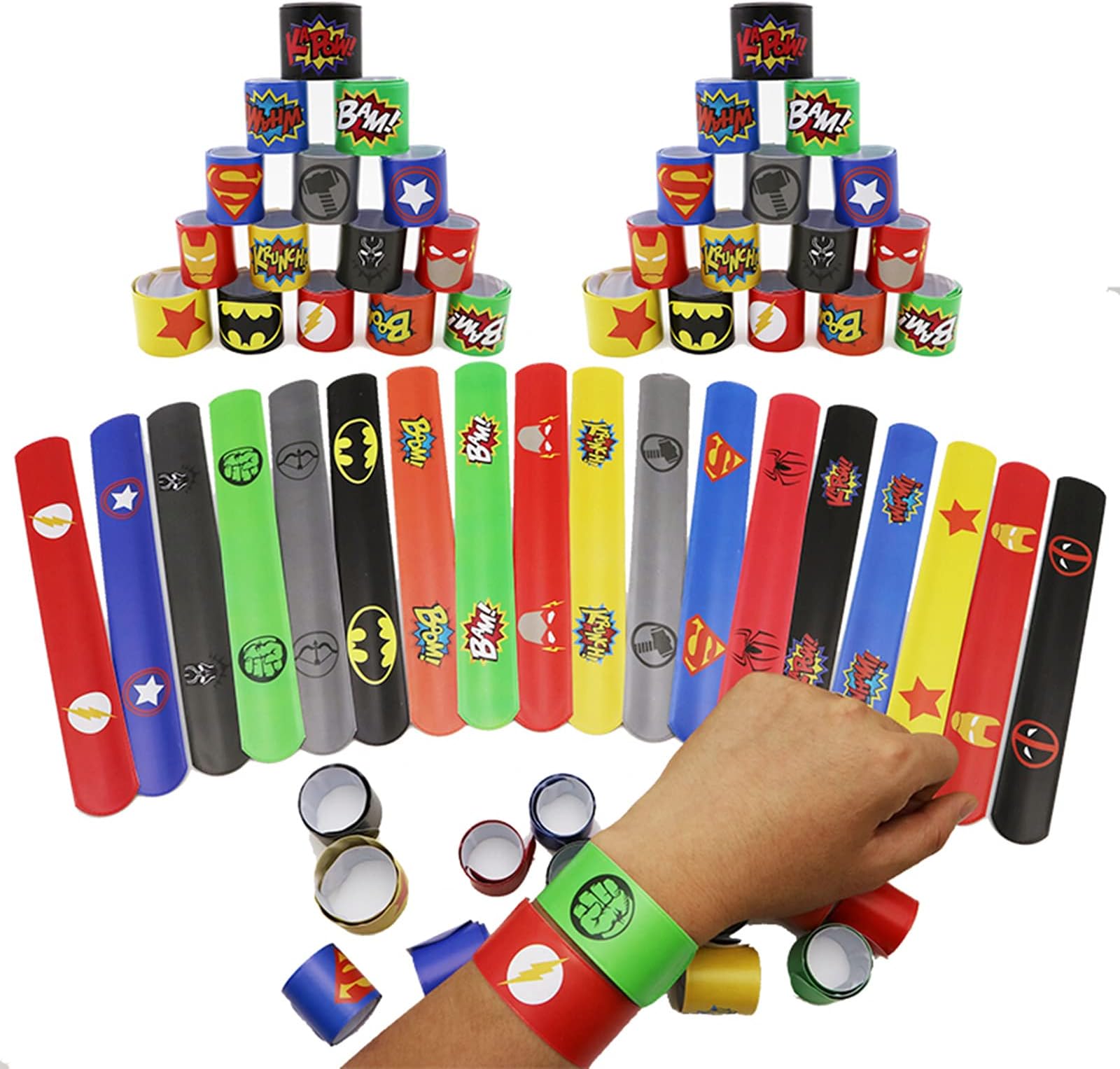 HONGCI 36PCS Superhero Slap Bands for Kids, Slap Bracelets with 18 Patterns, Perfect for Party Bags, Dress Up, Game Prizes, PVC & Iron, 22cm*3cm, Ages 3+