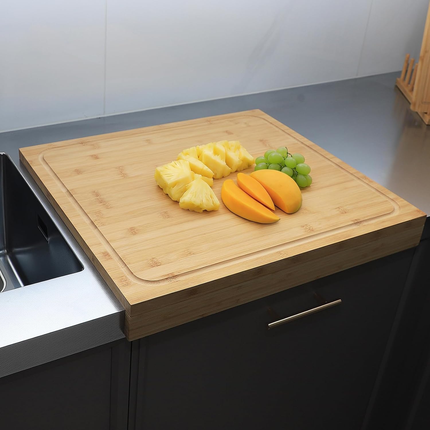 21.7x18.9 Inch Oversized Bamboo Cutting Board and Sink Cover, Reversible with Juice Grooves & Non-Slip Detachable Lip, Large Stovetop Cover Board for Restaurant Kitchen